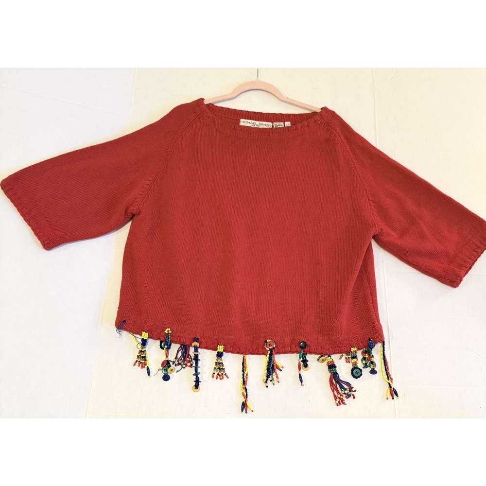 Michael Simon New York Colorful Beaded Ramie Cotton Sweater 3/4 Sleeve OSFA READ